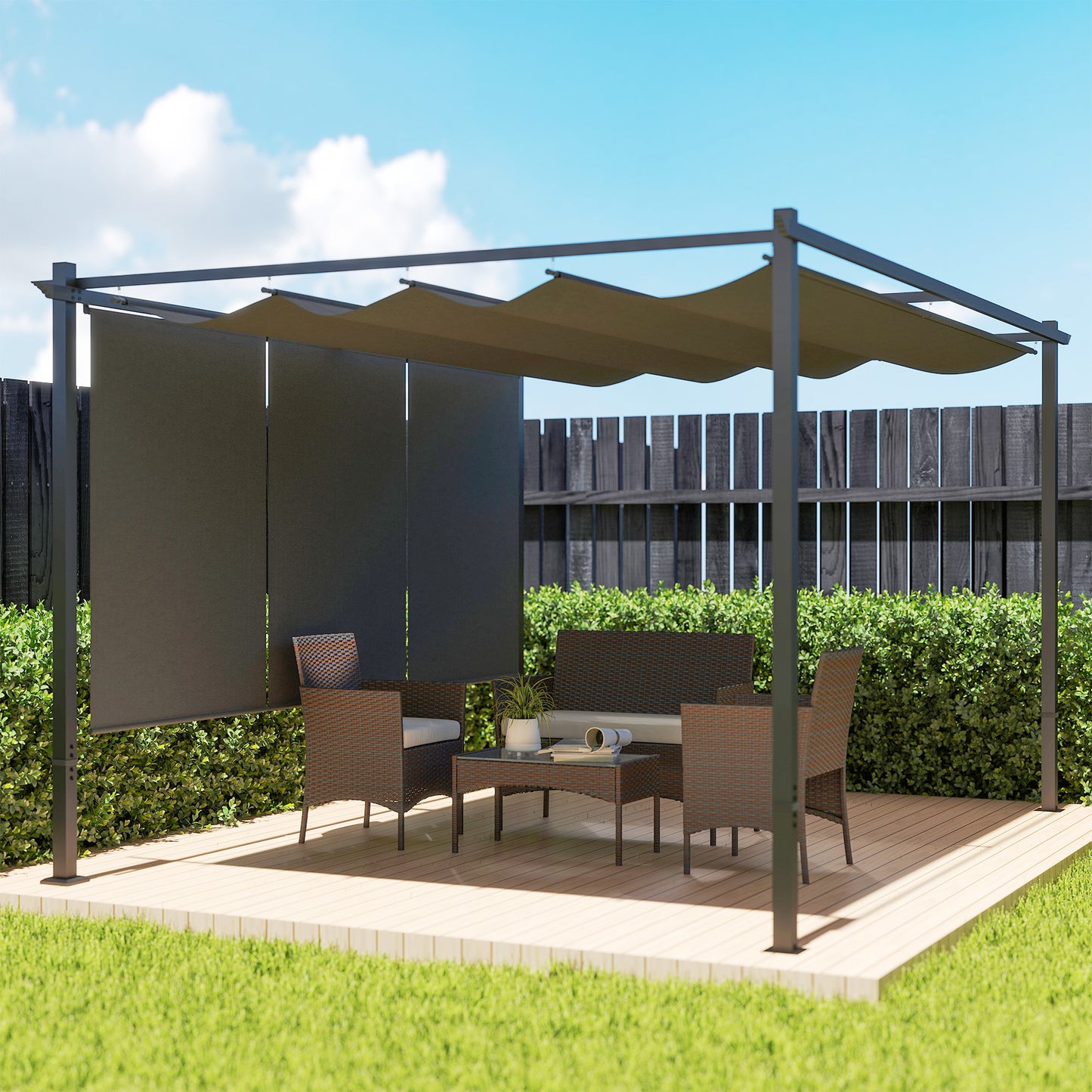 3 x 4m Metal Pergola with Retractable Roof and Roller Shade, Free Standing Garden Gazebo Canopy Pergola Kit