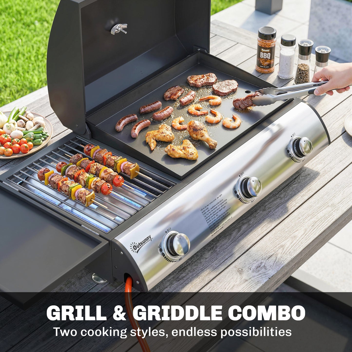 3 Burner Portable Gas Plancha BBQ Grill, 7.5 kW Outdoor Tabletop Gas Barbecue Grill with Griddle, Thermometer,, Black