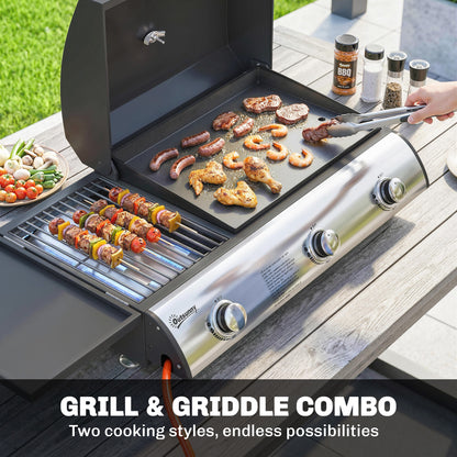 3 Burner Portable Gas Plancha BBQ Grill, 7.5 kW Outdoor Tabletop Gas Barbecue Grill with Griddle, Thermometer,, Black
