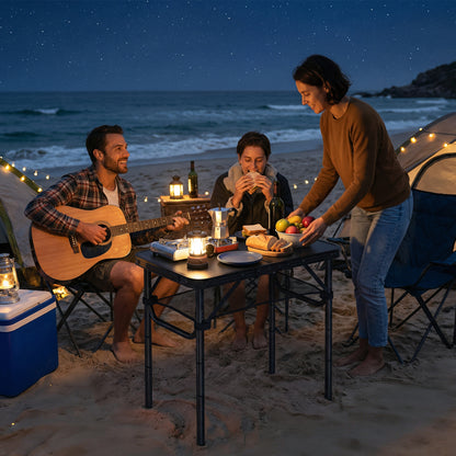2ft Folding Camping Table, Picnic Table with Mesh Storage Layer, 4 Adjustable Heights and Carrying Handle, Black