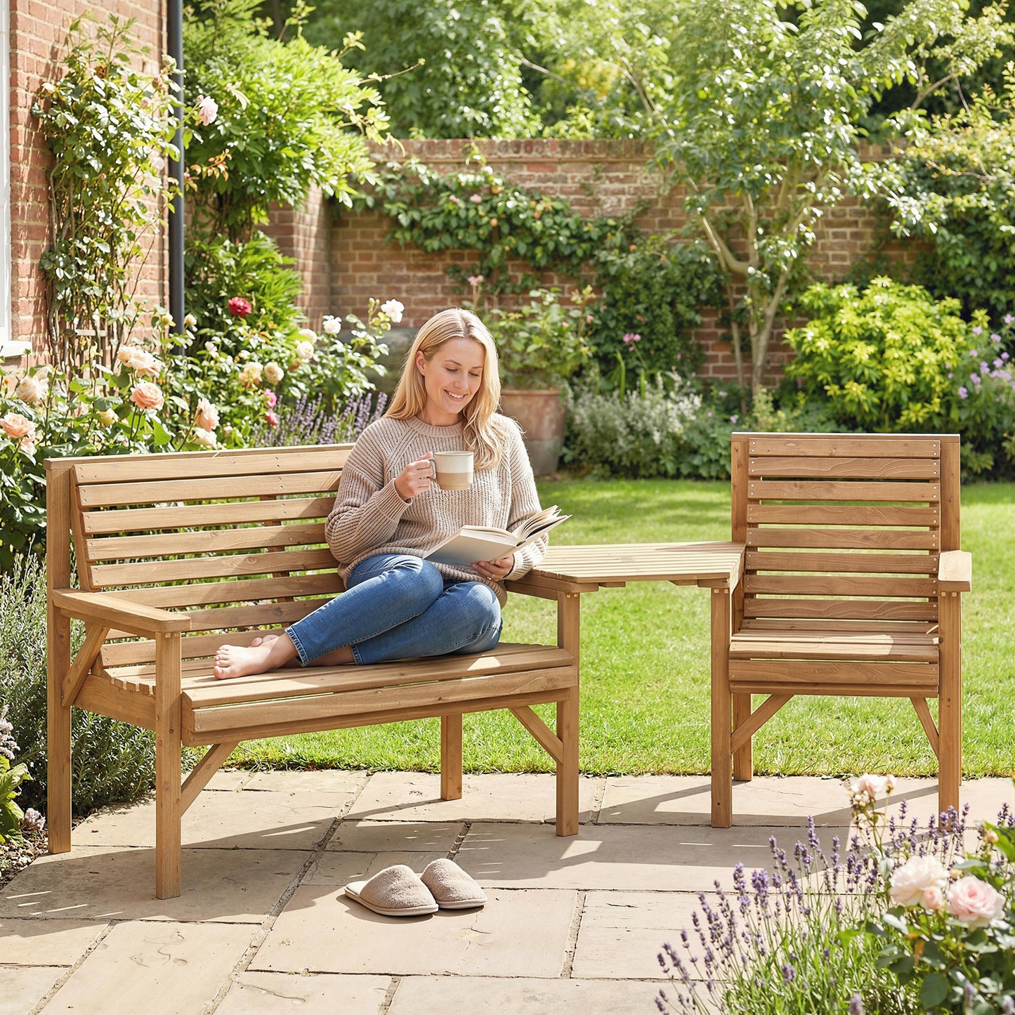 Wooden Garden Furniture Set , 1 Chair, 1 Bench and Detachable Table, Natural Wood Finish