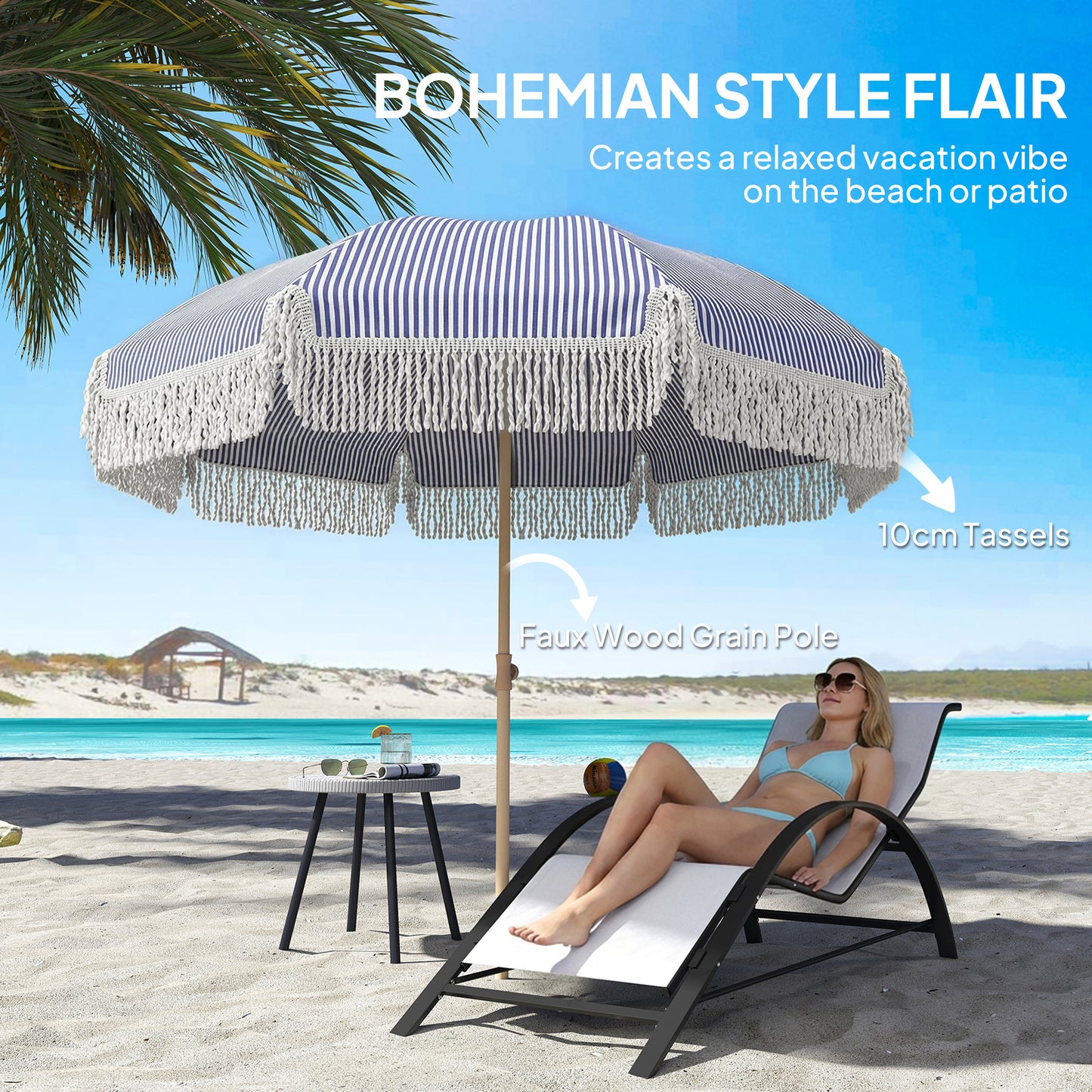 1.7 m Beach Umbrella with Sand Anchor, 30° Tilting Fringed Beach Garden Parasol with Adjustable Height, Blue
