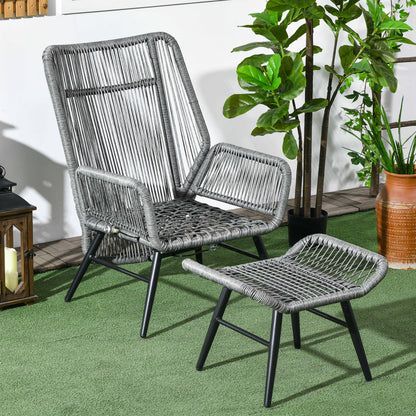 String Rattan Armchair and Footstool Set, with Cushions - Grey