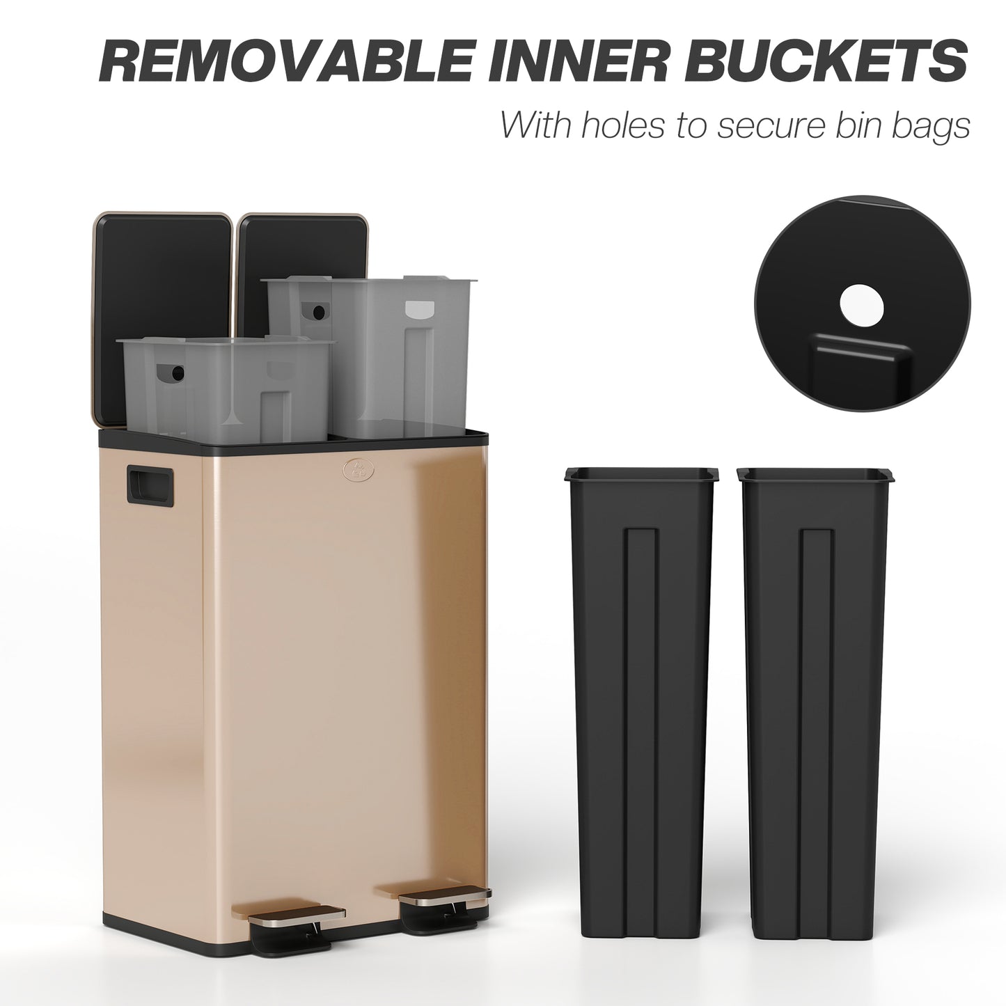 56L Dual Compartment Stainless Steel Bin, with Deodoriser Holders - Gold Tone