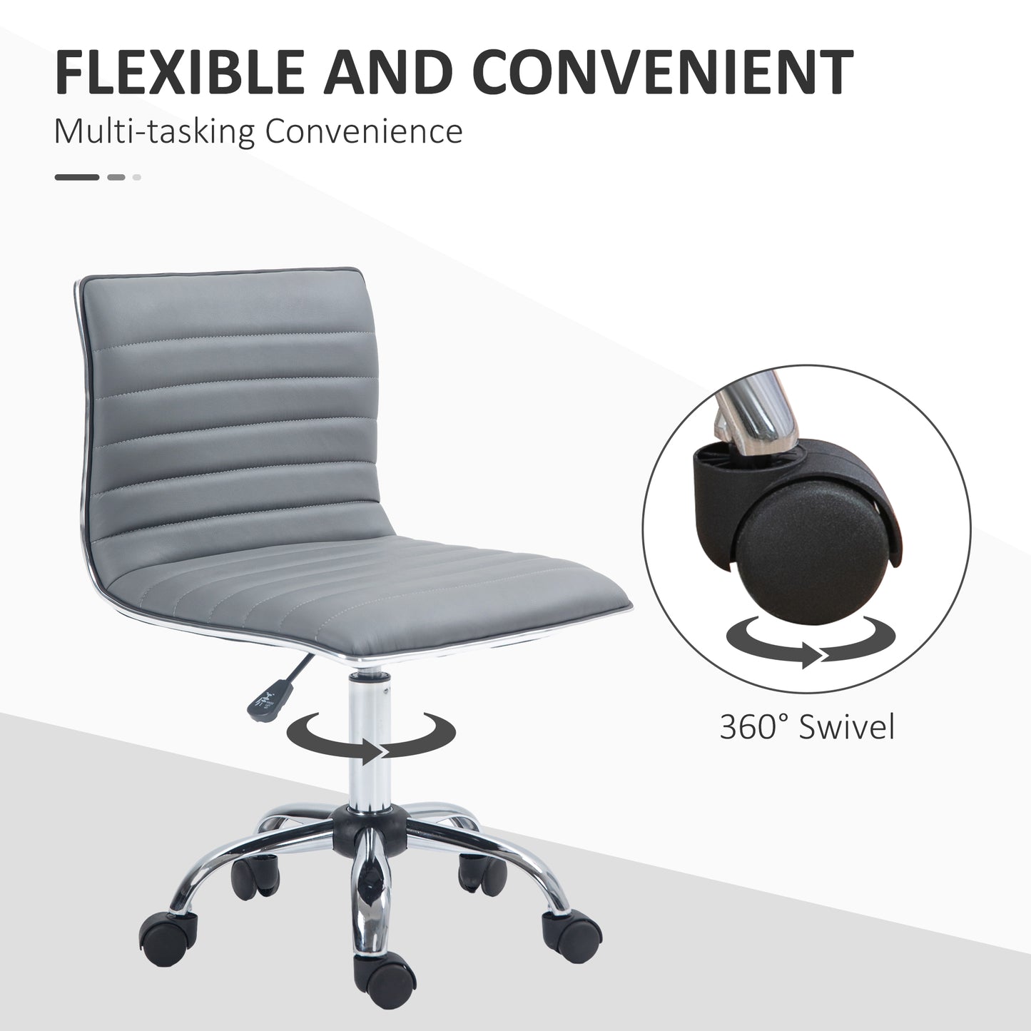 Armless Task Desk Chair, Swivel Office Chair with Faux Leather, Adjustable Seat Height, Chrome Base, Wheels for Home