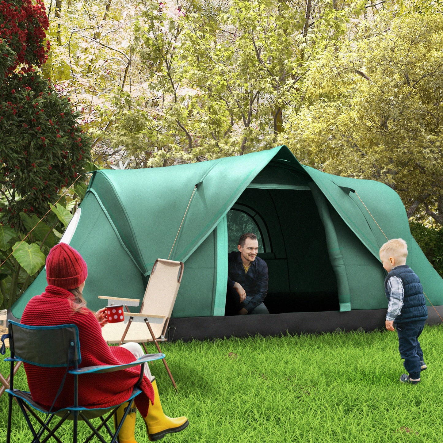 5 Man Camping Tent, Large Tunnel Tent, Water Resistant Hiking Shelter with Groundsheet and Carry Bag, Dark Green