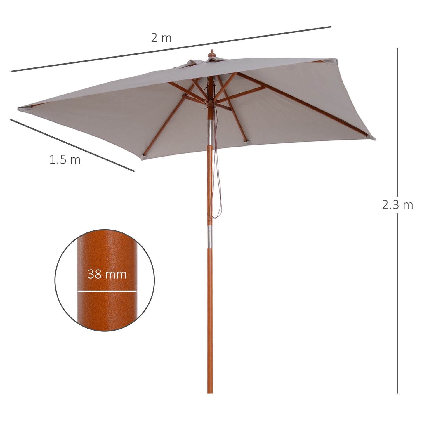 2m Tilting Wooden Pole Parasol - Grey