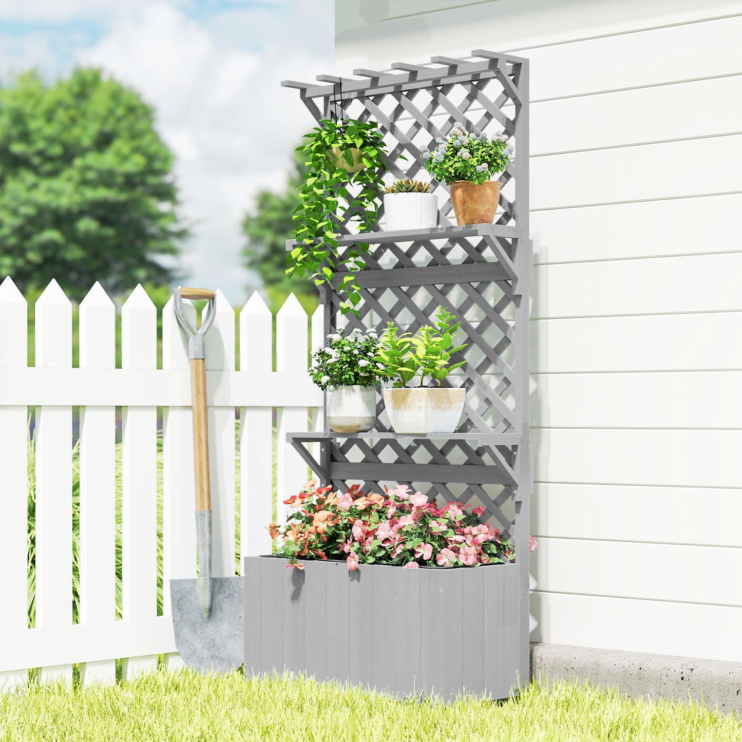 52L Wooden Planter, with Trellis and Shelves - Grey