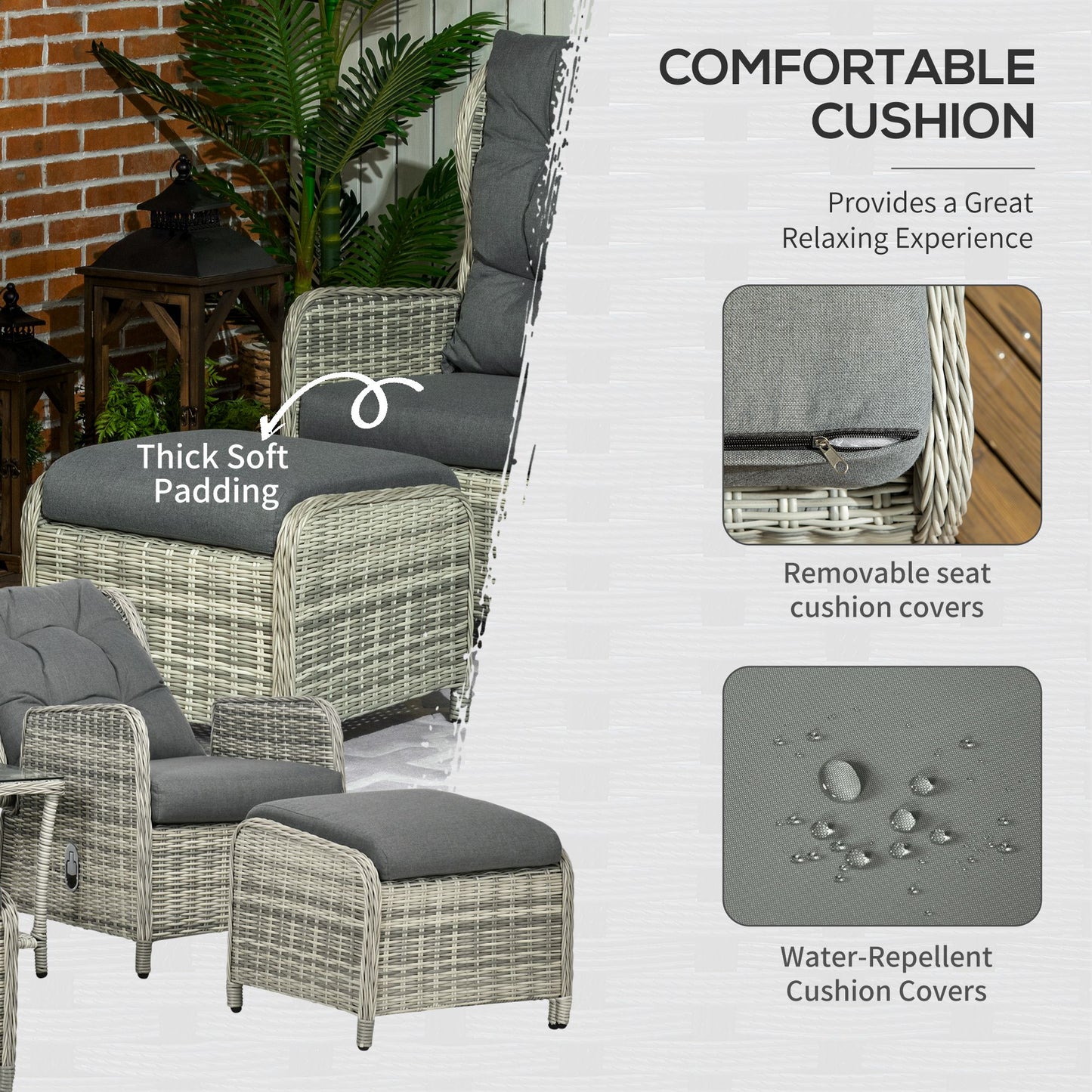 5 Pieces Rattan Bistro Set with Adjustable Back, Reclining Wicker Balcony Furniture with Cushions