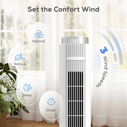 96 cm Tower Fan with WiFi App Control, Standing Floor Fan with 3 Speed 4 Modes, 12 Hour Timer and Night Light White