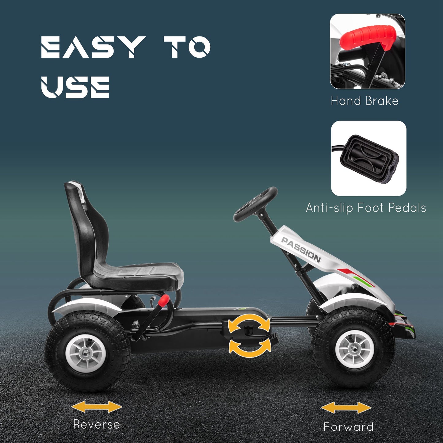 Pedal Go Kart, Kids Ride On Racer with Adjustable Seat, Inflatable Rubber Tyres, Handbrake for Ages 5-12 Years - White