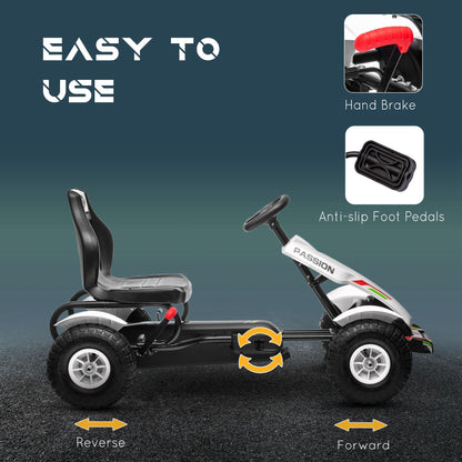 Pedal Go Kart, Kids Ride On Racer with Adjustable Seat, Inflatable Rubber Tyres, Handbrake for Ages 5-12 Years - White