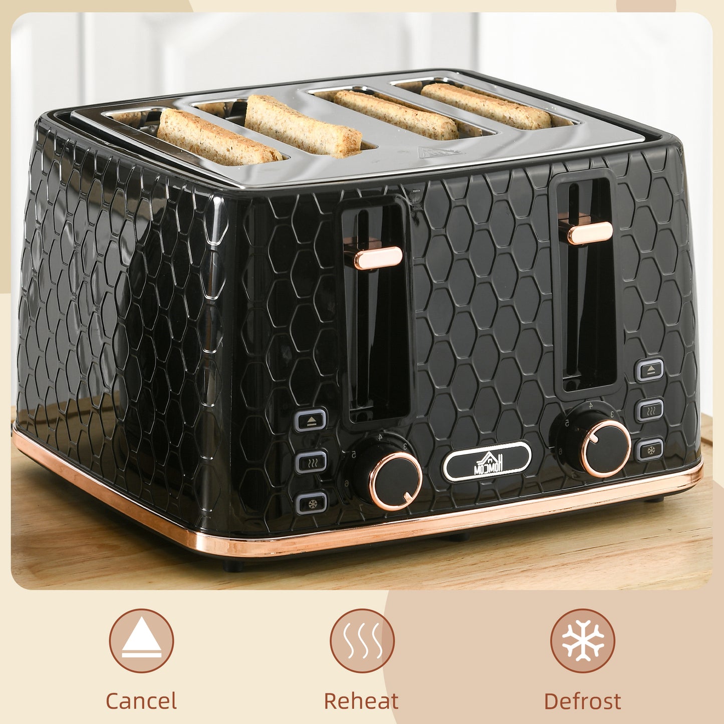 4 Slice Toaster with 7 Browning Levels, High Lift, Reheat/Defrost/Cancel, Self-centring Function, Removable Crumb Tray