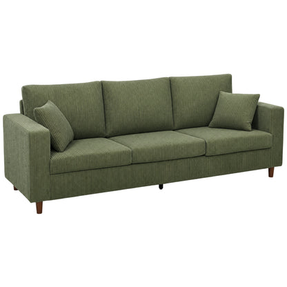 3 Seater Sofa with Wide Seat, Corduroy Fabric Couch with Deep Seat, Spring Cushion, Green