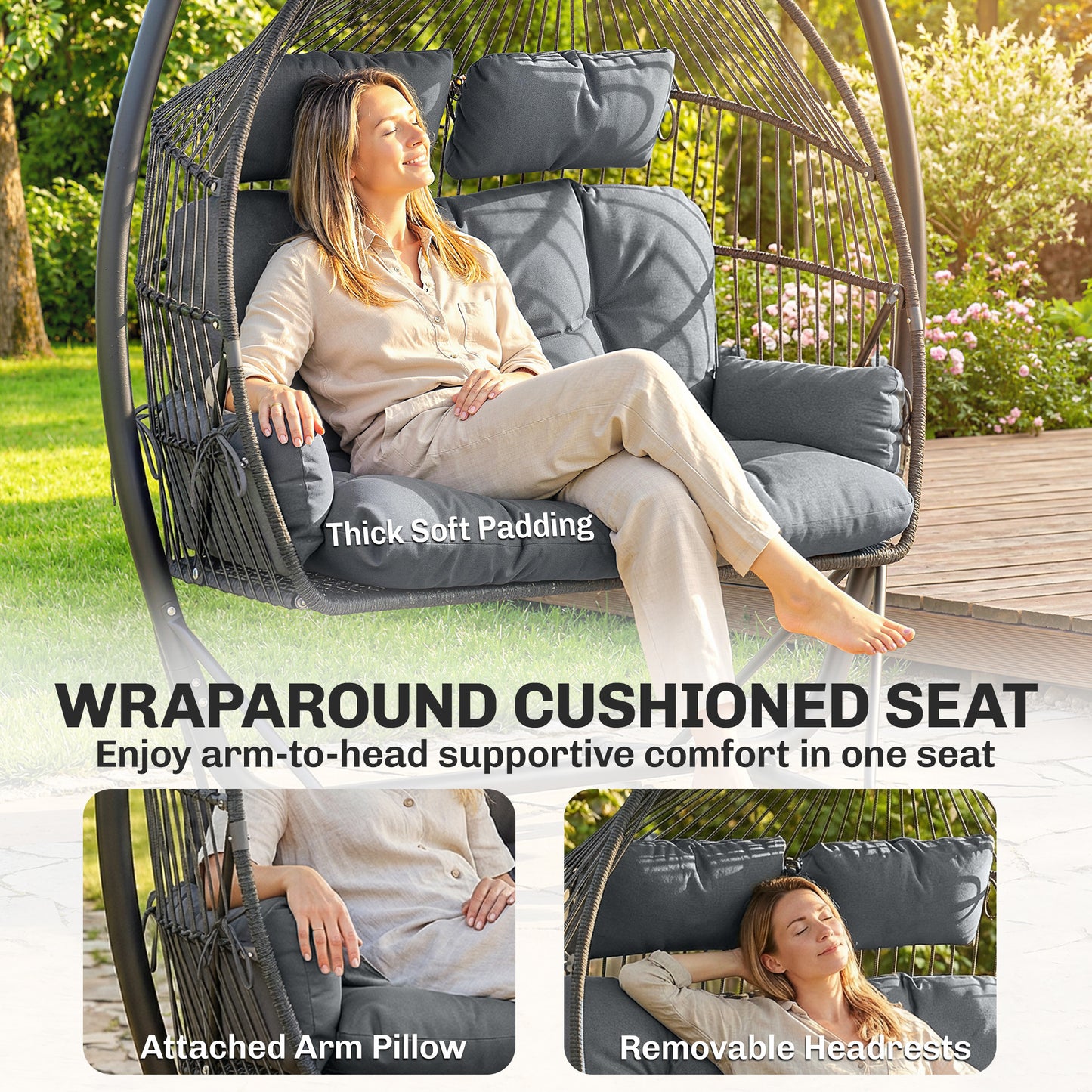Double Hanging Egg Chair with Canopy, Rattan Garden Egg Swing Chair with Cushion, Stand for Indoor Outdoor, Dark Grey