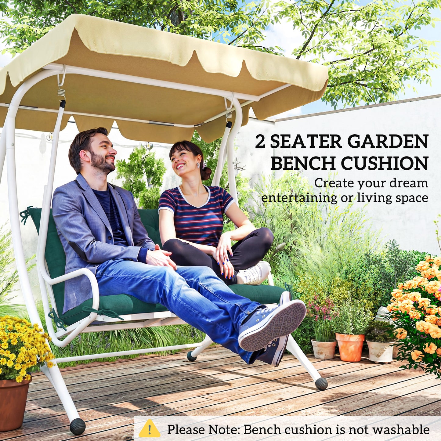 2 Seater Bench Pad, Garden Chair Cushion with Back and Ties for Indoor and Outdoor Use, 98 x 100 cm, Green