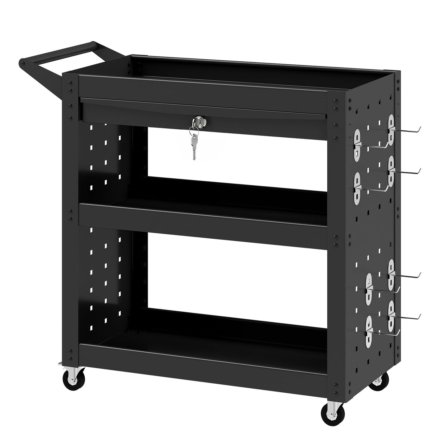 Tool Cart with Lockable Wheels, Rolling Workshop Cart with 3-Tier Trays, Drawer, Pegboards, Black