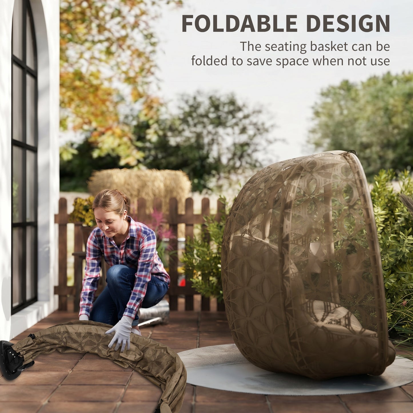 Outdoor Double Hanging Chair with Cushion and Cup Holders, Sand Brown