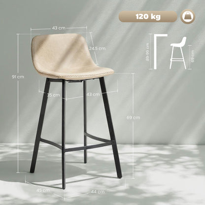 Bar Stools Set of 2, PU Leather Dining Stools with Backrest, Footrest, for Kitchen, Counter, Breakfast Bar, Light Brown