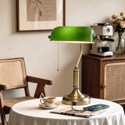 Desk Lamp with USB Ports, Banker's Table Lamp Desk Lamp with Vintage Bronze Tone Base and Pull Rope Switch, Green