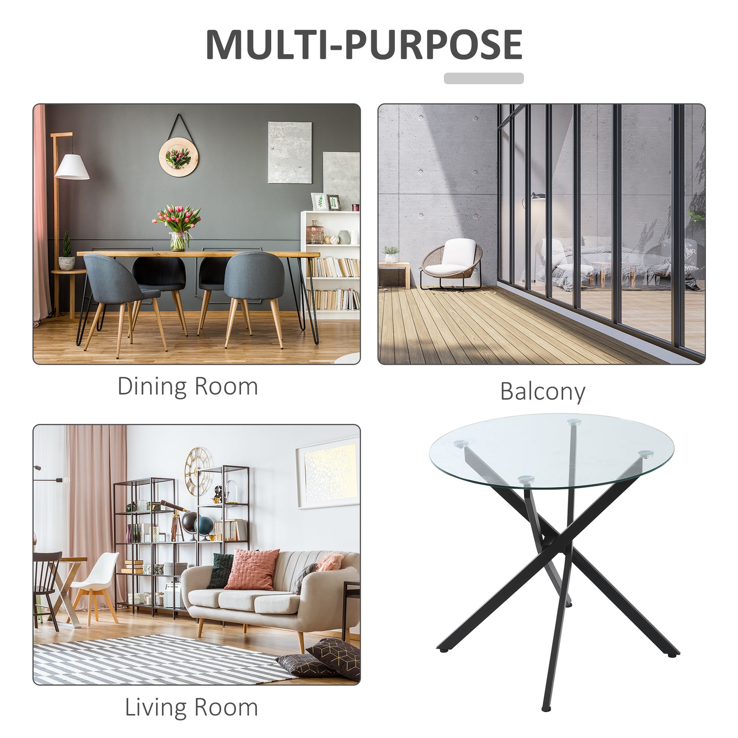 Dining Table with Clear Tempered Glass Top, Round Table with Metal Legs, Modern Kitchen Table for Dining Room Living Room