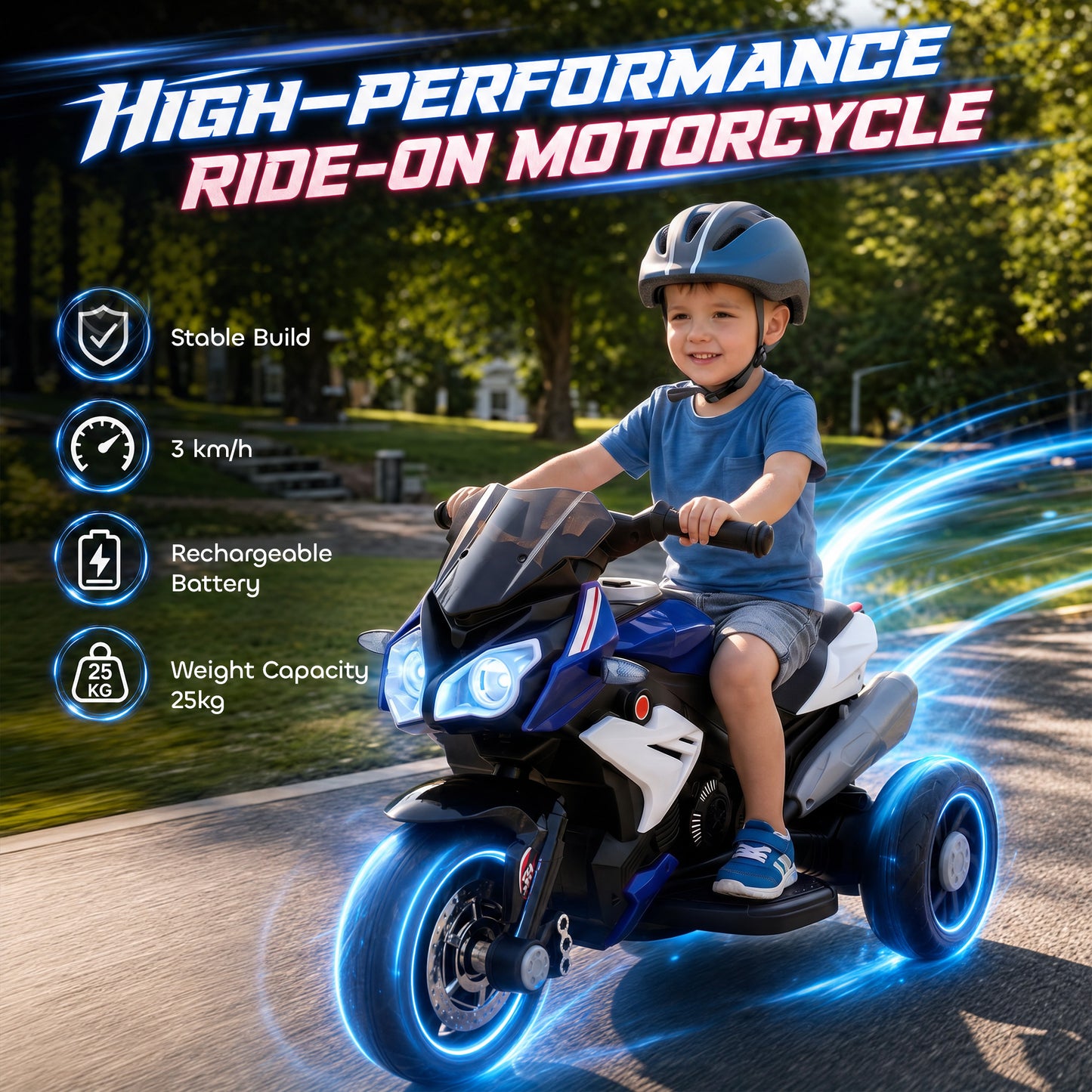 Kids Electric Motorcycle, 6V Ride on Motorcycle with 3 Wheels, LED Headlight, Music, Horn for Boys Girls 3-5 Y, Blue