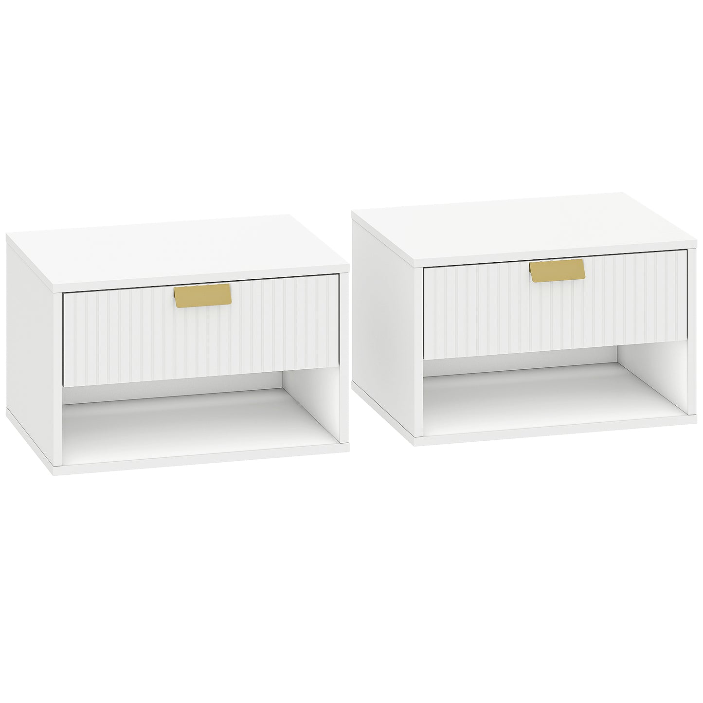Set of 2 Wall Mounted Nightstands, Floating Bedside Tables with Fluted Drawer and Open Shelf for Small Bedroom, White