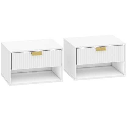 Set of 2 Wall Mounted Nightstands, Floating Bedside Tables with Fluted Drawer and Open Shelf for Small Bedroom, White