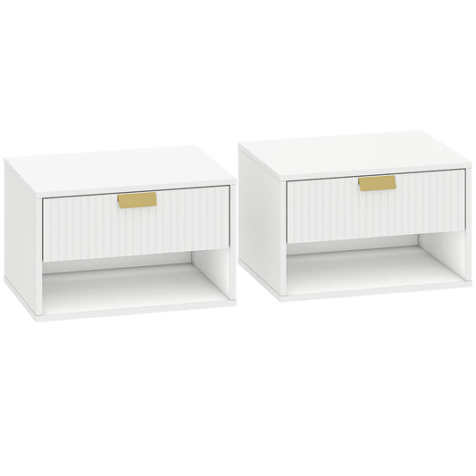 Set of 2 Wall Mounted Nightstands, Floating Bedside Tables with Fluted Drawer and Open Shelf for Small Bedroom, White