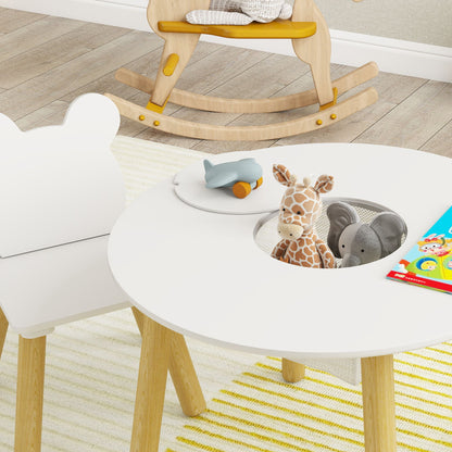 3-Piece Kids Activity Table Set with Centre Mesh Bag, Bear-Shaped Backrest, for Arts and Crafts, Reading, White
