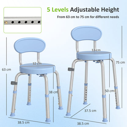 360° Swivel Shower Stool with Aluminium Frame, 5-Level Adjustable Height, Backrest, Non-Slip Shower Chair for Elderly
