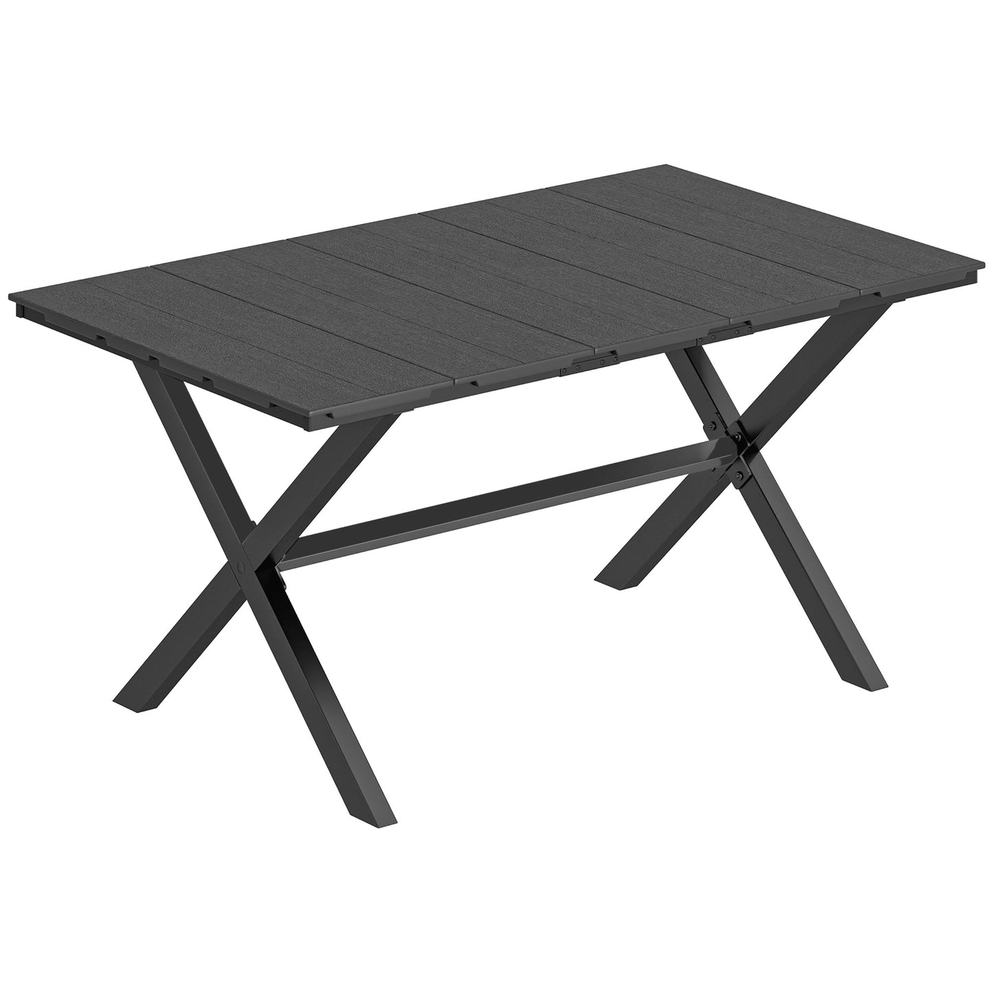 Garden Dining Table for 6, Rectangular Outdoor Table with Wood Effect HDPE Top, X-Shaped Metal Legs, Black