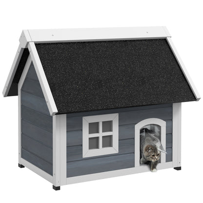 Outdoor Cat House, Wooden Feral Cat Shelter, with Openable Asphalt Roof, Three Doors - Grey