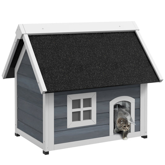 Outdoor Cat House, Wooden Feral Cat Shelter, with Openable Asphalt Roof, Three Doors - Grey