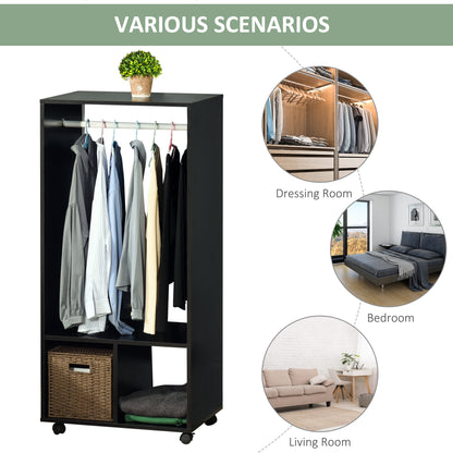 Open Wardrobe on Wheels, Bedroom Wardrobe with Clothes Hanging Rail, 2 Storage Shelves, Mobile Garment Rack for Cloakroom