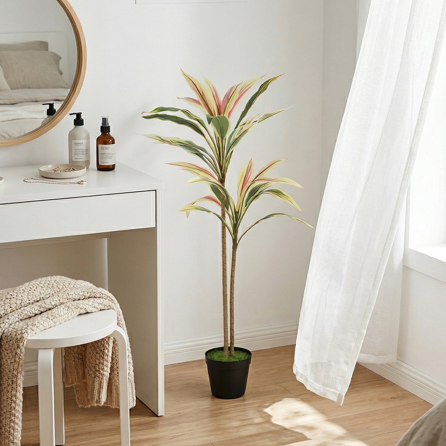 90 cm Artificial Cordyline Tree in Moss Effect Pot, Realistic PEVA Faux Plant, Yellow