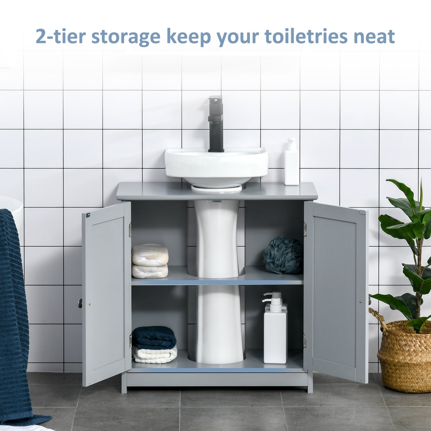 Under Sink Bathroom Cabinet, Freestanding Under Sink Cabinet with 2 Doors and Adjustable Shelf for Basin without or with Pede