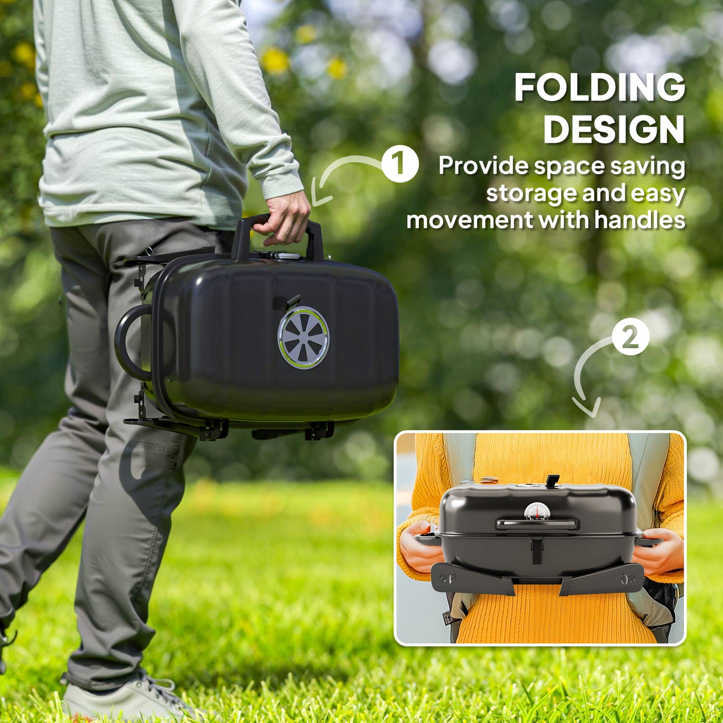 Charcoal Barbecue Grill Folding Portable BBQ Grill for Camping with 1232 cm² Cooking Area, Adjustable Vent, Thermometer