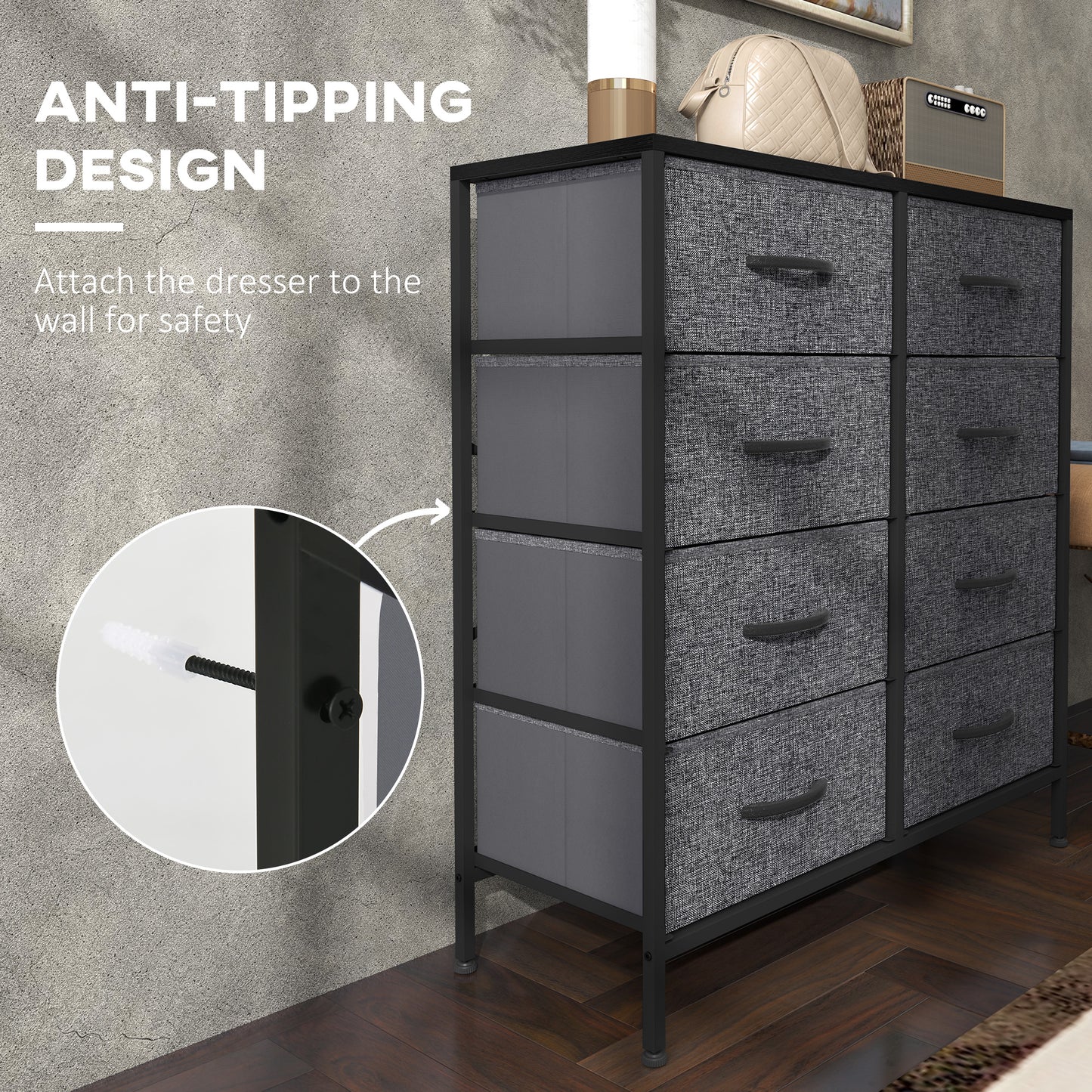 Fabric Chest of Drawers, Industrial Bedroom Dresser with 8 Fabric Drawers, Steel Frame and Wooden Top for Nursery