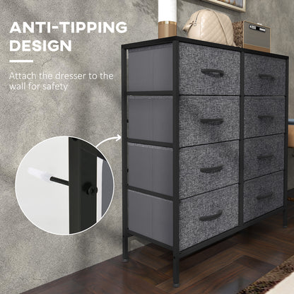 Fabric Chest of Drawers, Industrial Bedroom Dresser with 8 Fabric Drawers, Steel Frame and Wooden Top for Nursery