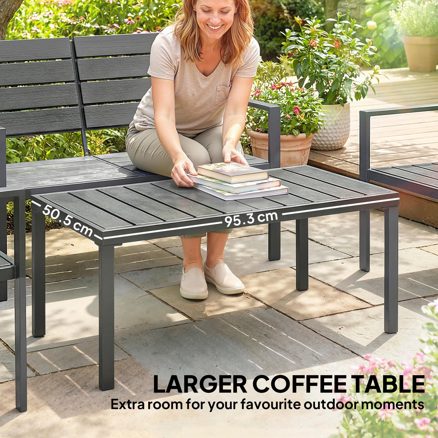 4 Piece Garden Furniture Set, Outdoor Sofa Set with HDPE Slatted Loveseat Armchairs Coffee Table Metal Frame, Dark Grey