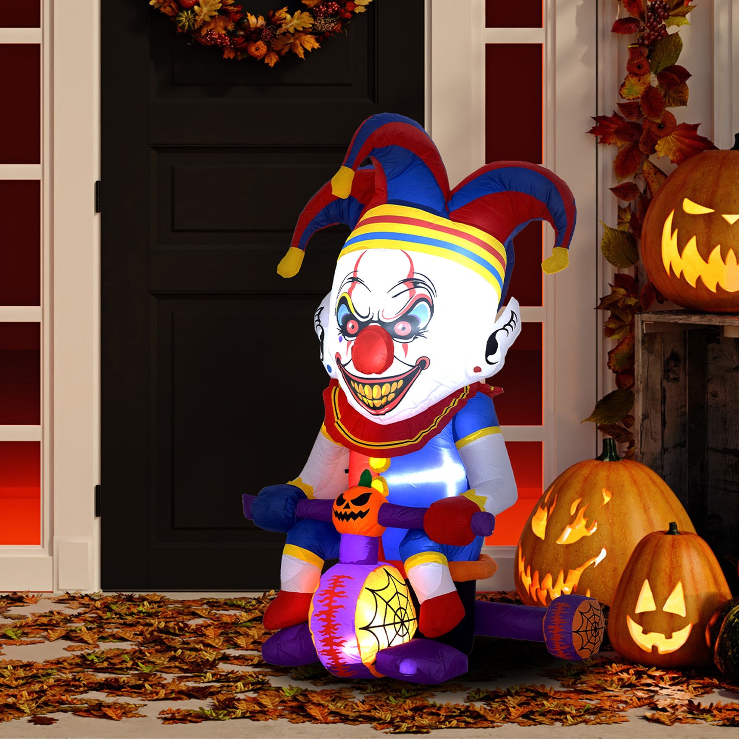 4ft Halloween Inflatable Clown on Bicycle, Blow Up Outdoor Halloween Decoration with 3 Built-in LED Lights for Garden