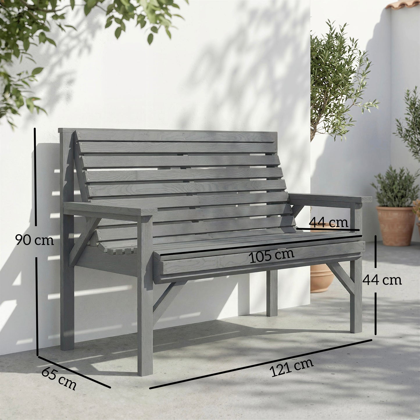2 Seater Wooden Garden Bench, Slatted Patio Bench with Armrest and Backrest, Outdoor Furniture for Indoor, Balcony