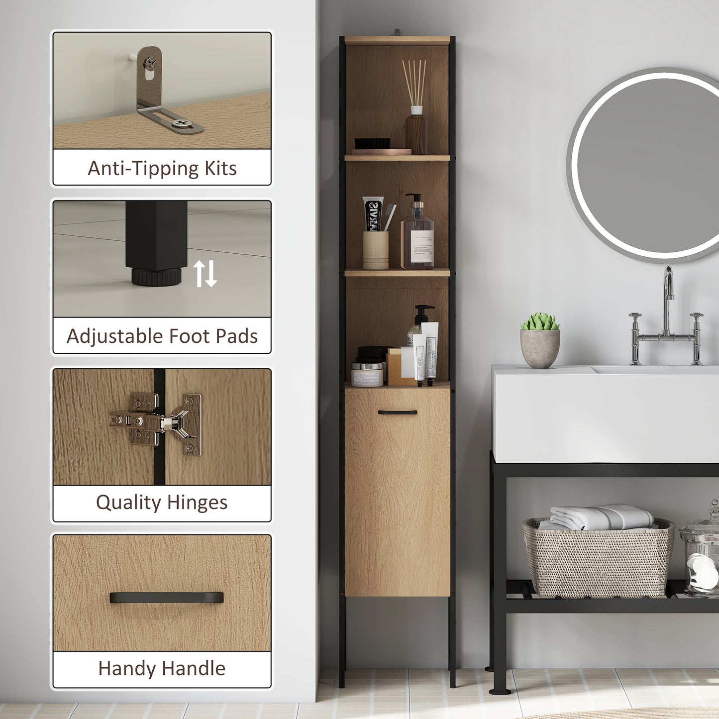 Tall Bathroom Cabinet with Open Shelves and Adjustable Shelf - Natural Wood Finish