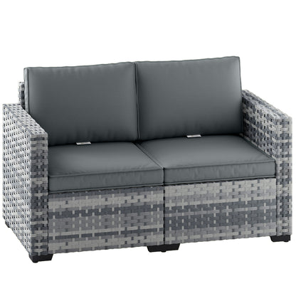 2 Seater Rattan Sofa, Outdoor Garden Sofa with Deep Seat, Cushions, Wide Armrests for Patio, Balcony, Porch, Mixed Grey
