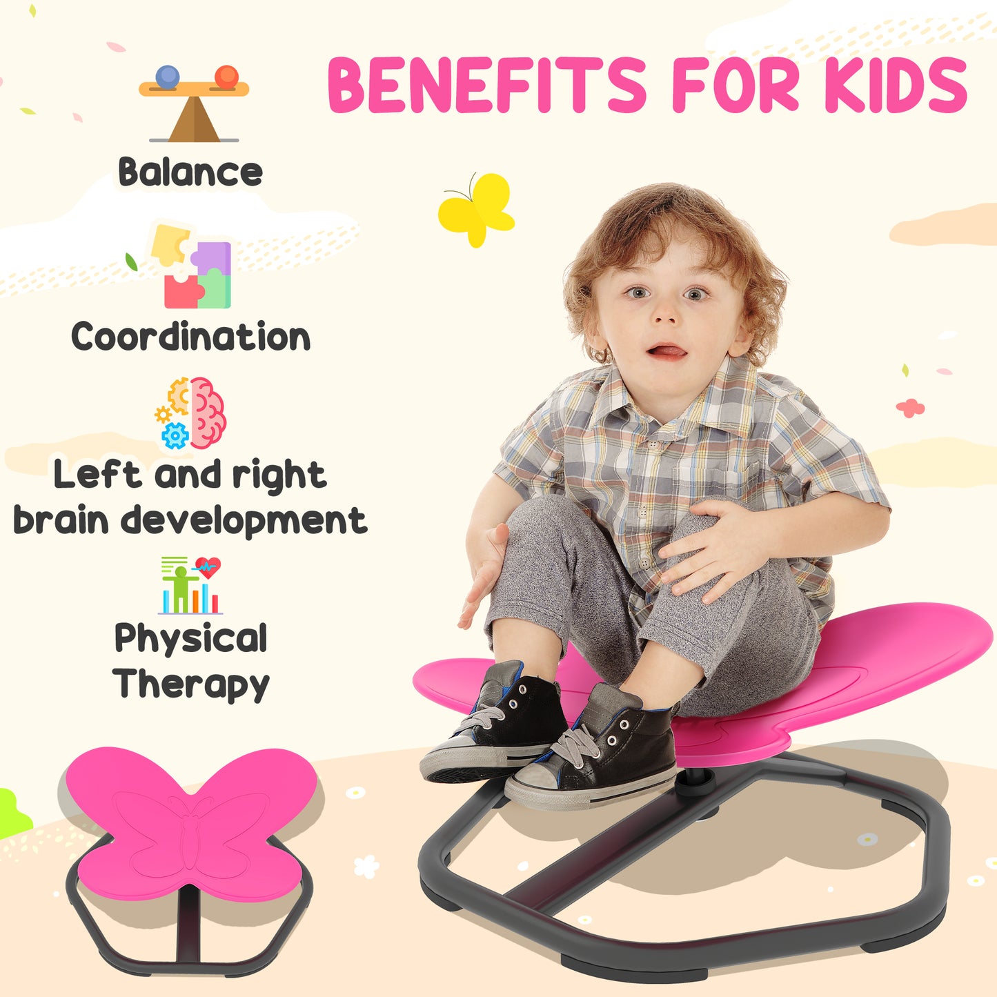 Butterfly-Shaped-kids Swivel Chair, Sensory Spinning Chair for Balance, Coordination Training, Pink