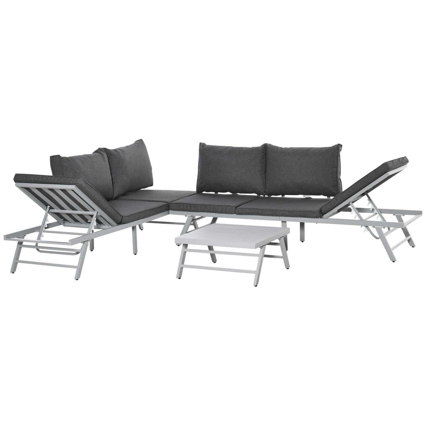 3 Pieces Garden Furniture Sets, 6 Seater Corner Sofa Set with Adjustable Backrest Chase Lounge with Slatted Metal Top Table