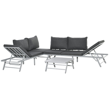 3 Pieces Garden Furniture Sets, 6 Seater Corner Sofa Set with Adjustable Backrest Chase Lounge with Slatted Metal Top Table
