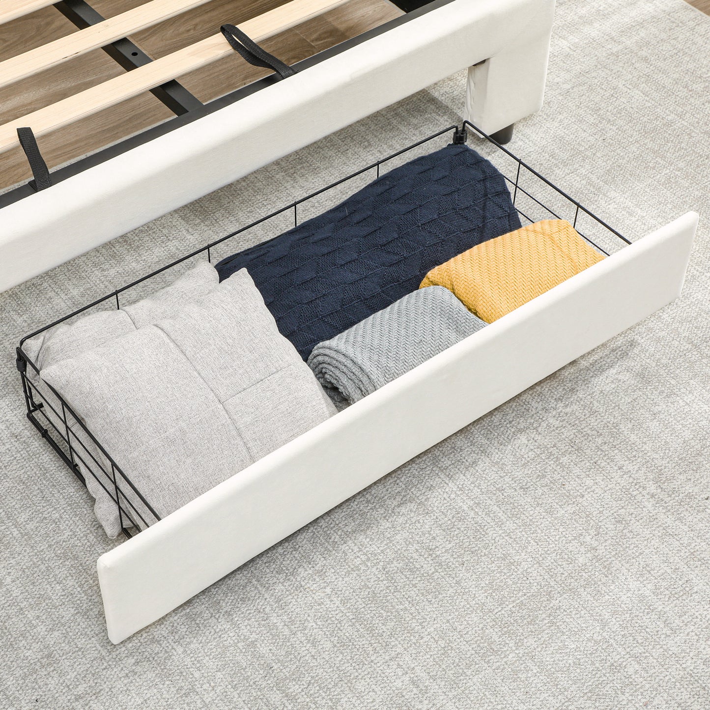 4ft6 Double Ottoman Bed Frame, with Front Drawer - Cream