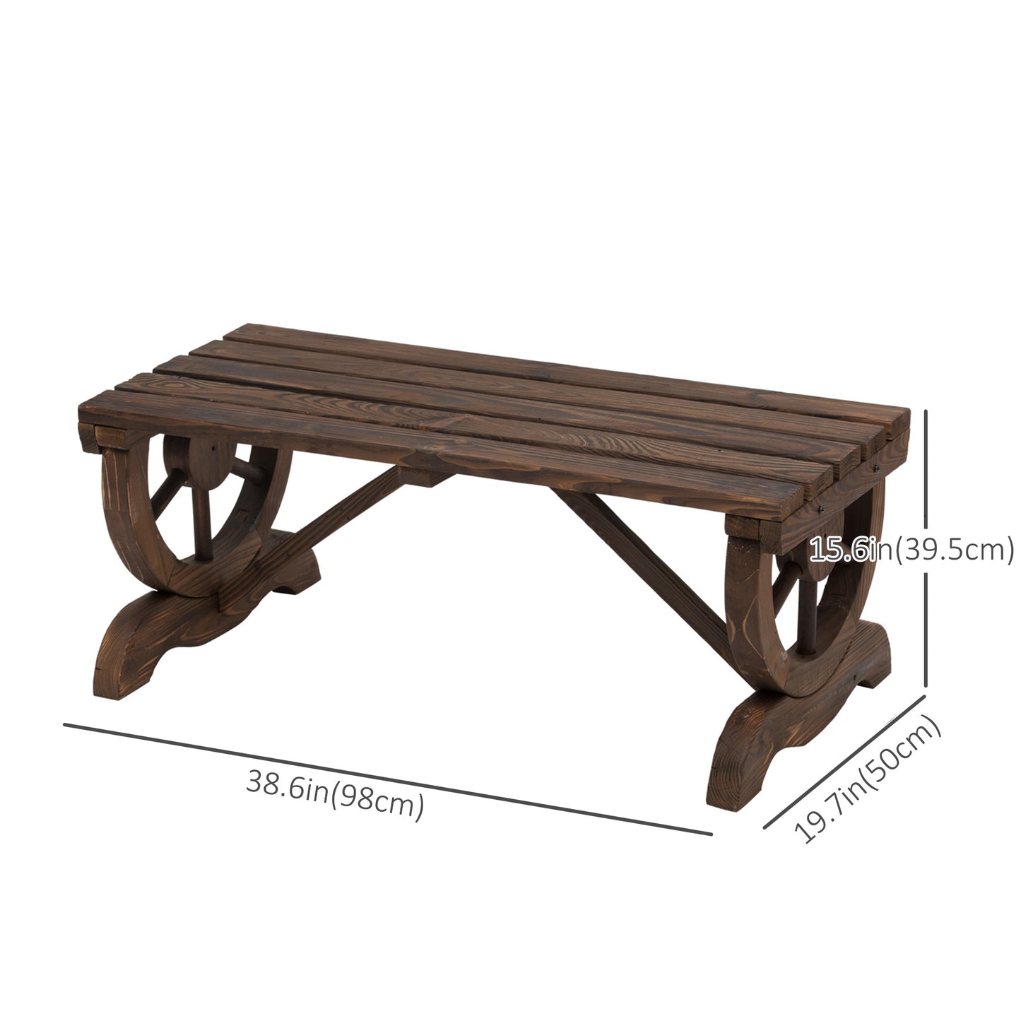 Garden Rustic Wooden Bench Wheel-Shaped Legs Slatted Seat Stable Reinforced Structure Outdoor Patio Garden 2-Person Bench Sea